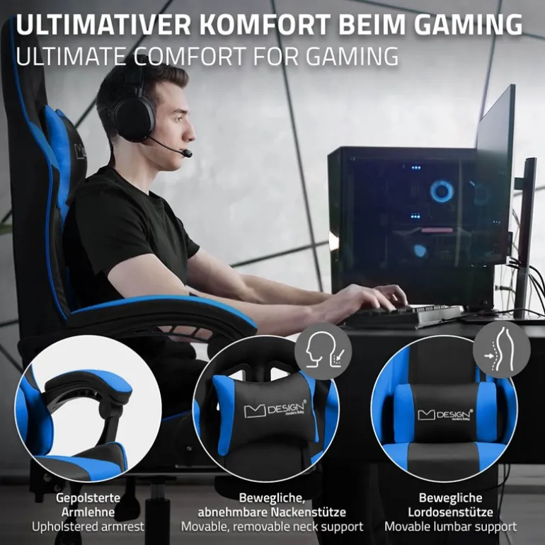 Massage Gaming Stuhl Schwarz/Blau aus PU-Leder ML-Design