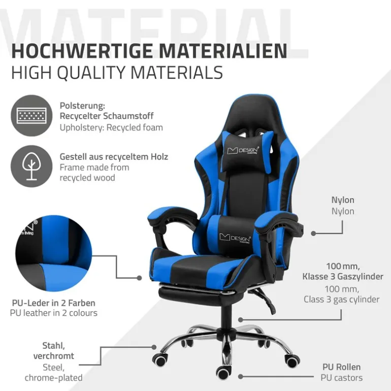 Massage Gaming Stuhl Schwarz/Blau aus PU-Leder ML-Design