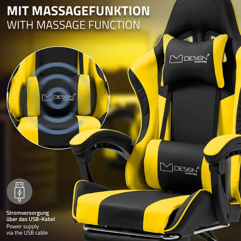 Massage Gaming Stuhl Schwarz/Gelb aus PU-Leder ML-Design