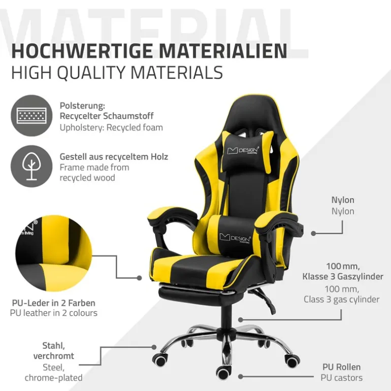 Massage Gaming Stuhl Schwarz/Gelb aus PU-Leder ML-Design
