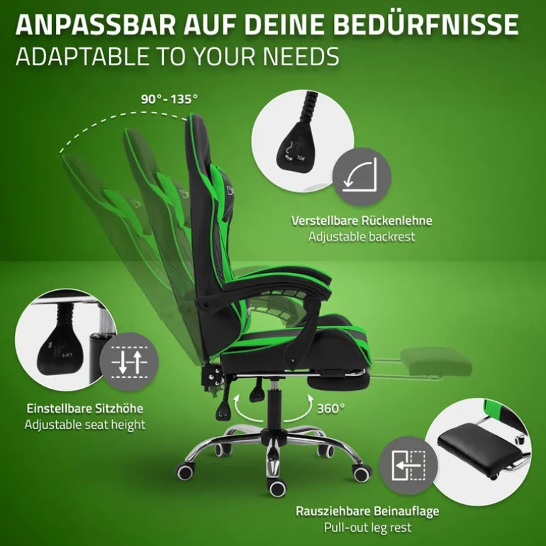 Massage Gaming Stuhl Schwarz/Grün aus PU-Leder ML-Design