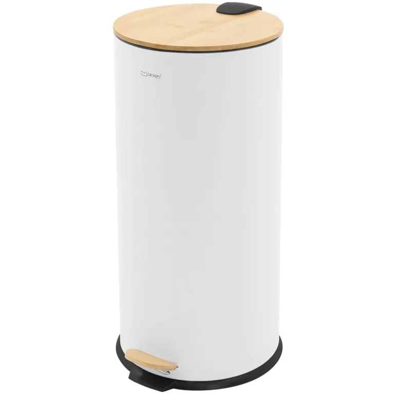 Mülleimer 30L rund mit Fußpedal, Weiß, Stahl, Treteimer mit Bambusdeckel Softclose ML-Design