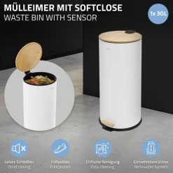 Mülleimer 30L rund mit Fußpedal, Weiß, Stahl, Treteimer mit Bambusdeckel Softclose ML-Design