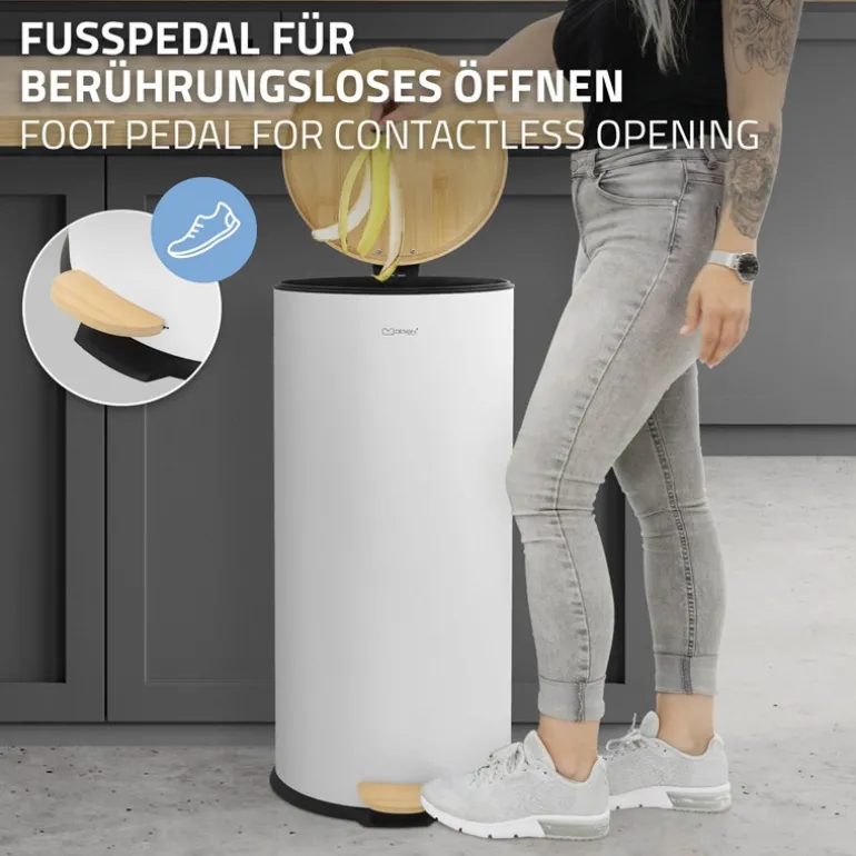 Mülleimer 30L rund mit Fußpedal, Weiß, Stahl, Treteimer mit Bambusdeckel Softclose ML-Design