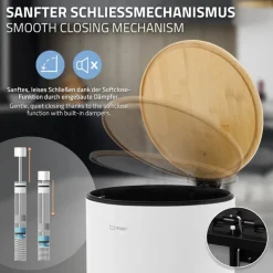 Mülleimer 30L rund mit Fußpedal, Weiß, Stahl, Treteimer mit Bambusdeckel Softclose ML-Design
