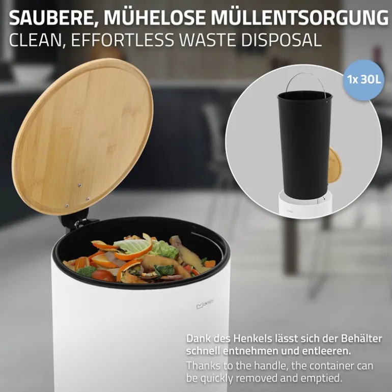 Mülleimer 30L rund mit Fußpedal, Weiß, Stahl, Treteimer mit Bambusdeckel Softclose ML-Design