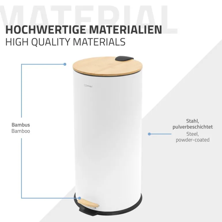 Mülleimer 30L rund mit Fußpedal, Weiß, Stahl, Treteimer mit Bambusdeckel Softclose ML-Design