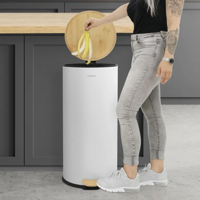 Mülleimer 30L rund mit Fußpedal, Weiß, Stahl, Treteimer mit Bambusdeckel Softclose ML-Design