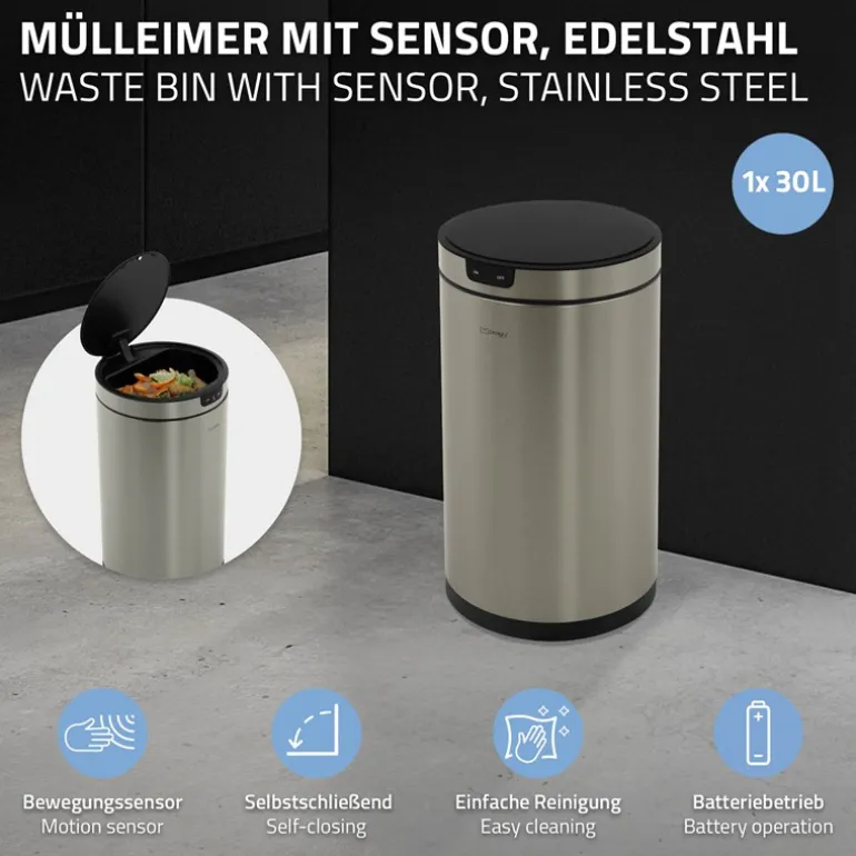 Mülleimer mit Sensor 30L rund aus Edelstahl, Silber, Automatisches Öffnen & Schließen ML-Design