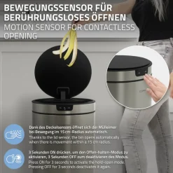 Mülleimer mit Sensor 30L rund aus Edelstahl, Silber, Automatisches Öffnen & Schließen ML-Design