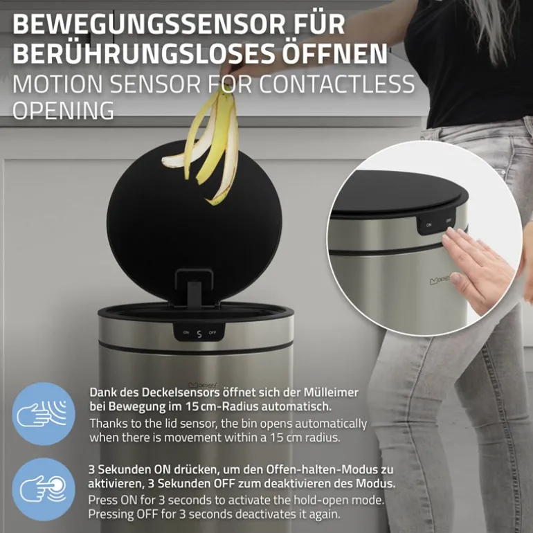 Mülleimer mit Sensor 30L rund aus Edelstahl, Silber, Automatisches Öffnen & Schließen ML-Design