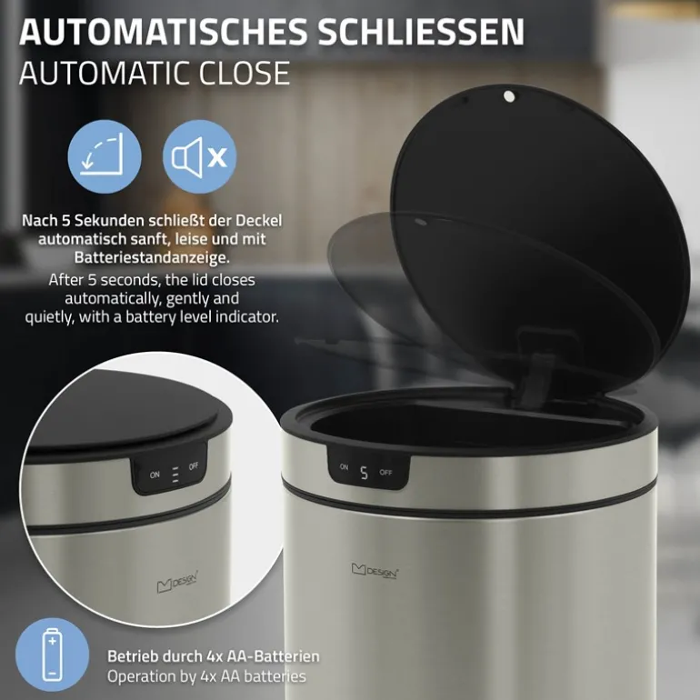 Mülleimer mit Sensor 30L rund aus Edelstahl, Silber, Automatisches Öffnen & Schließen ML-Design