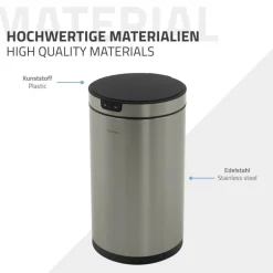 Mülleimer mit Sensor 30L rund aus Edelstahl, Silber, Automatisches Öffnen & Schließen ML-Design