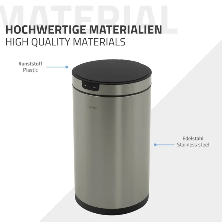 Mülleimer mit Sensor 30L rund aus Edelstahl, Silber, Automatisches Öffnen & Schließen ML-Design