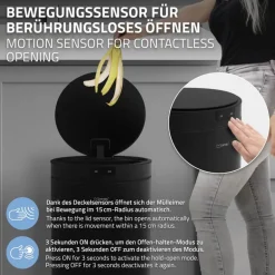 Mülleimer mit Sensor 30L rund aus Stahl Schwarz matt Automatisches Öffnen & Schließen ML-Design