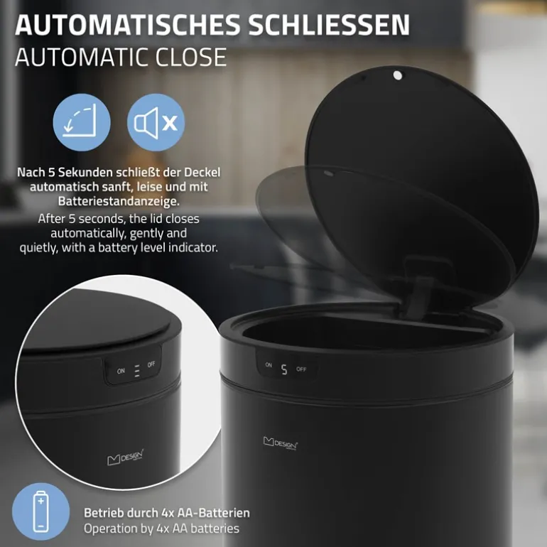 Mülleimer mit Sensor 30L rund aus Stahl Schwarz matt Automatisches Öffnen & Schließen ML-Design