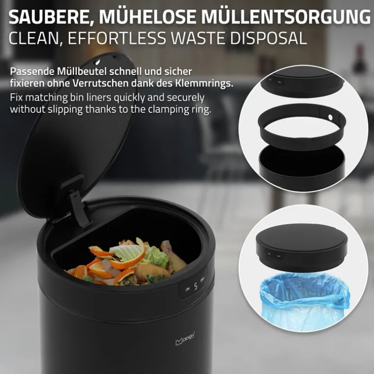 Mülleimer mit Sensor 30L rund aus Stahl Schwarz matt Automatisches Öffnen & Schließen ML-Design