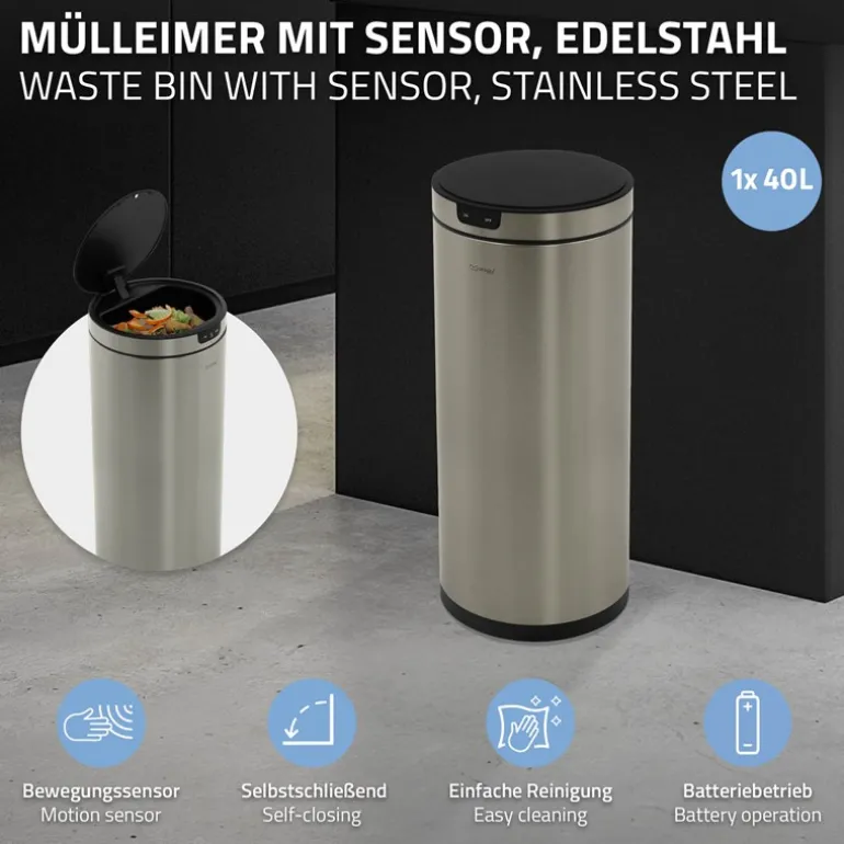 Mülleimer mit Sensor 40L rund aus Edelstahl, Silber, Automatisches Öffnen & Schließen ML-Design