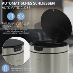 Mülleimer mit Sensor 40L rund aus Edelstahl, Silber, Automatisches Öffnen & Schließen ML-Design