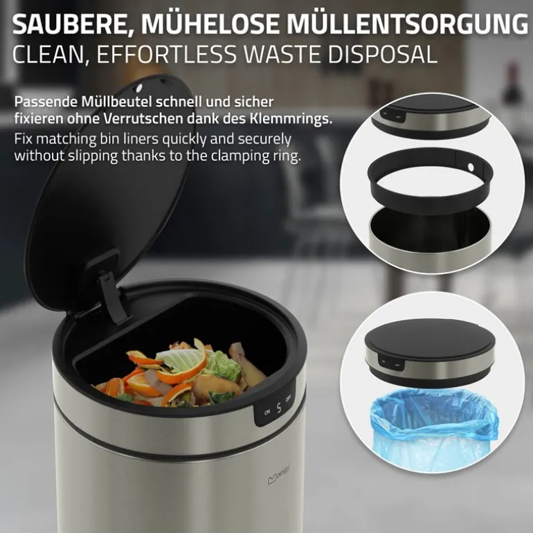 Mülleimer mit Sensor 40L rund aus Edelstahl, Silber, Automatisches Öffnen & Schließen ML-Design