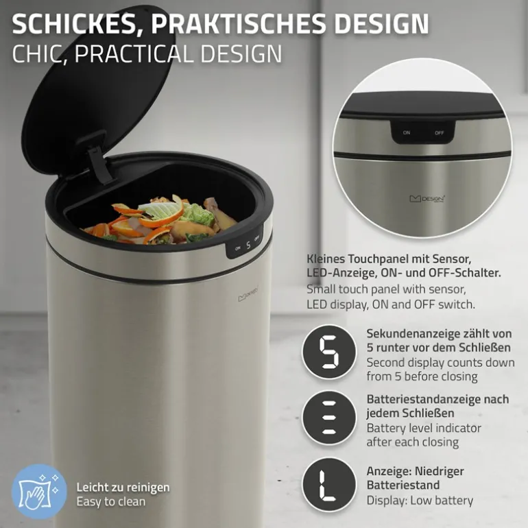 Mülleimer mit Sensor 40L rund aus Edelstahl, Silber, Automatisches Öffnen & Schließen ML-Design