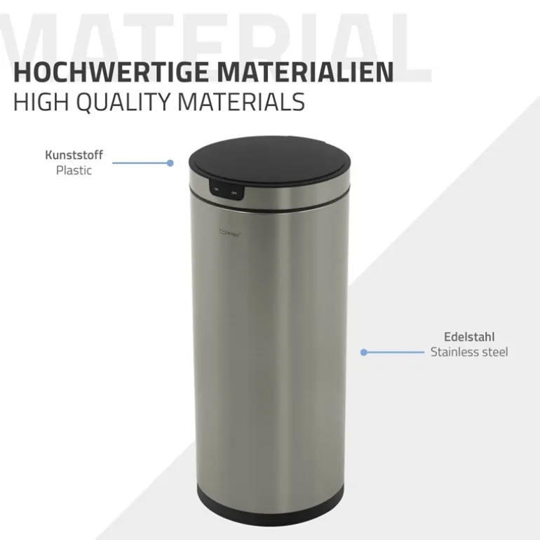 Mülleimer mit Sensor 40L rund aus Edelstahl, Silber, Automatisches Öffnen & Schließen ML-Design
