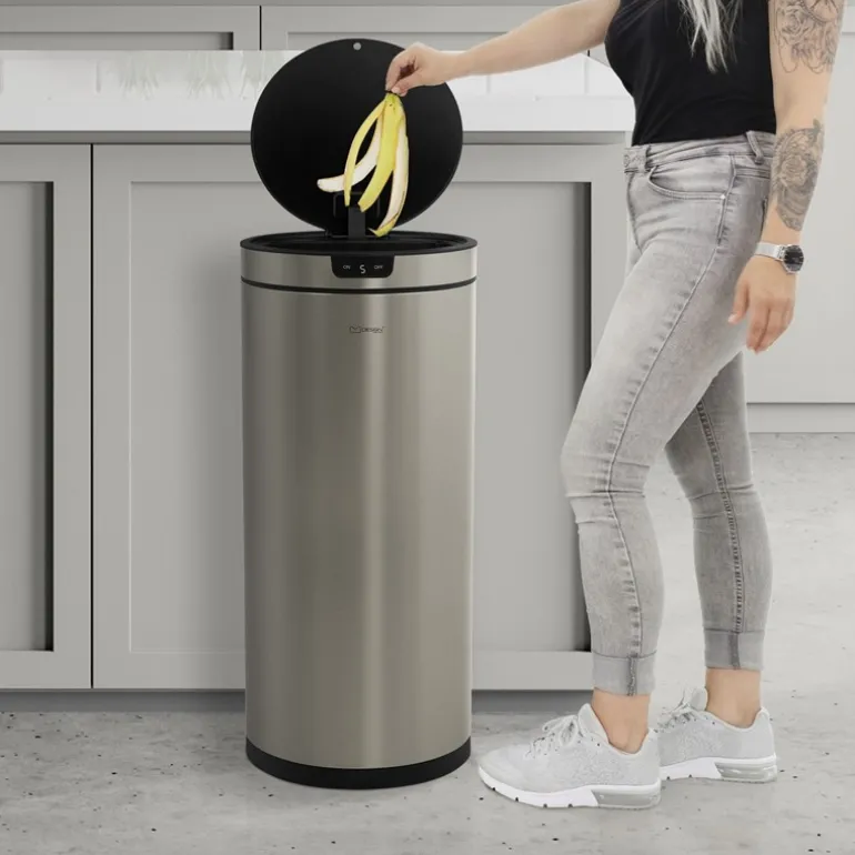 Mülleimer mit Sensor 40L rund aus Edelstahl, Silber, Automatisches Öffnen & Schließen ML-Design