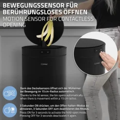 Mülleimer mit Sensor 40L rund aus Stahl Schwarz matt Automatisches Öffnen & Schließen ML-Design