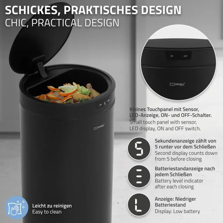 Mülleimer mit Sensor 40L rund aus Stahl Schwarz matt Automatisches Öffnen & Schließen ML-Design