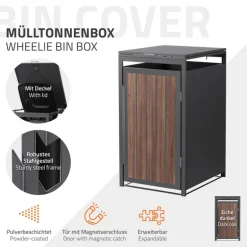 Mülltonnenbox 1er bis 240 Liter 68x80x120 cm aus Stahl in Anthrazit-Eiche dunkel ML-Design