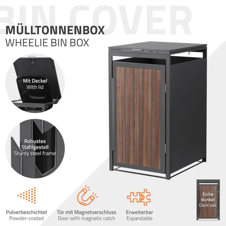 Mülltonnenbox 1er bis 240 Liter 68x80x120 cm aus Stahl in Anthrazit-Eiche dunkel ML-Design
