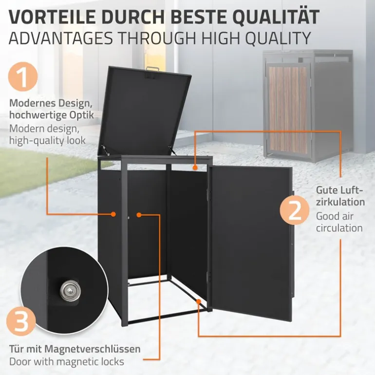 Mülltonnenbox 1er bis 240 Liter 68x80x120 cm aus Stahl in Anthrazit-Eiche dunkel ML-Design