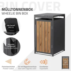 Mülltonnenbox 1er bis 240 Liter 68x80x120 cm aus Stahl in Anthrazit-Holzoptik ML-Design