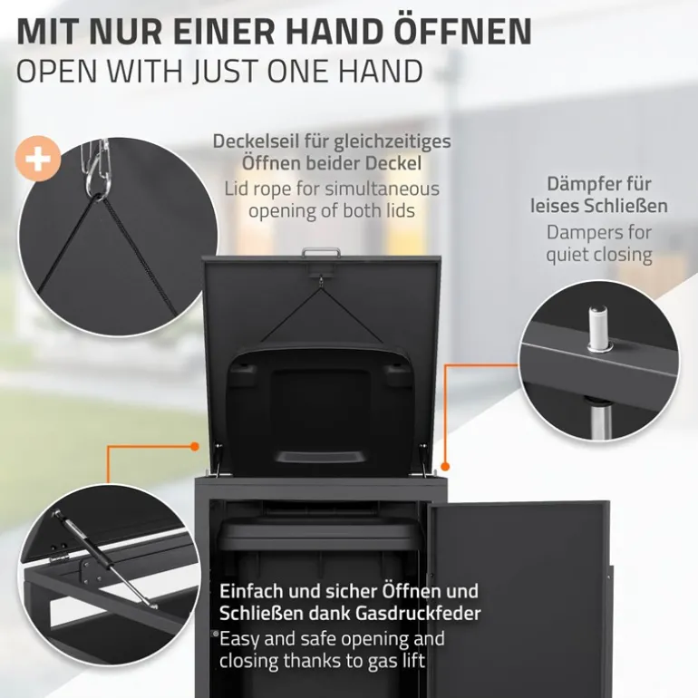 Mülltonnenbox 1er bis 240 Liter 68x80x120 cm aus Stahl in Anthrazit-Holzoptik ML-Design