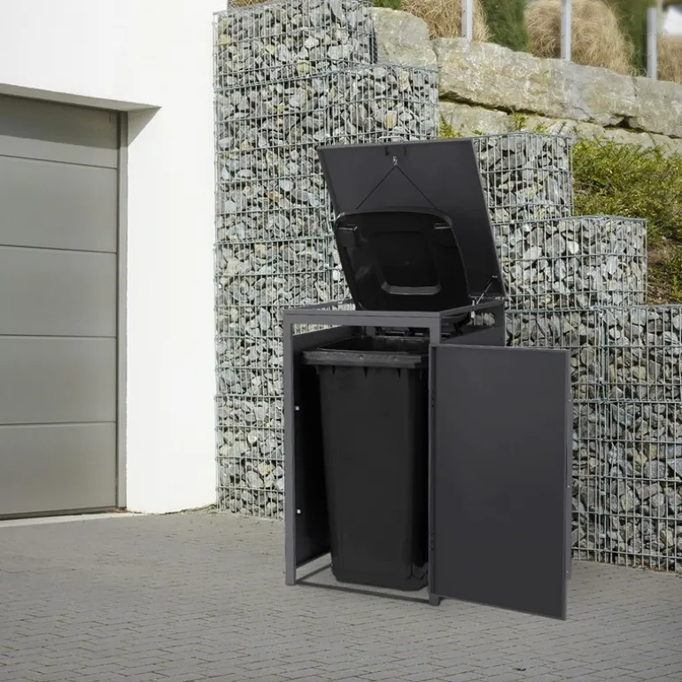Mülltonnenbox 1er bis 240 Liter 68x80x120 cm aus Stahl in Anthrazit-Holzoptik ML-Design