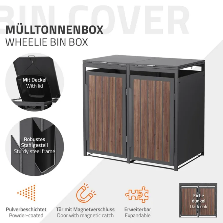 Mülltonnenbox 2er bis 240 Liter 132x80x120 cm aus Stahl in Anthrazit-Eiche dunkel ML-Design