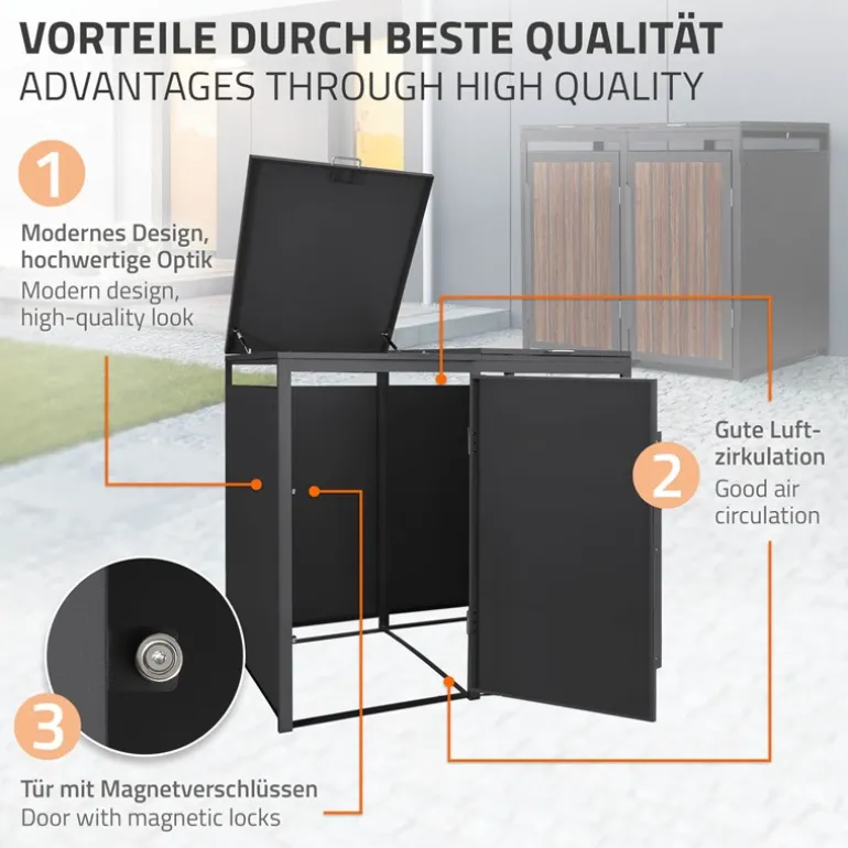 Mülltonnenbox 2er bis 240 Liter 132x80x120 cm aus Stahl in Anthrazit-Eiche dunkel ML-Design