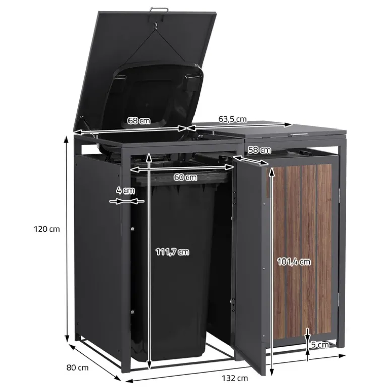 Mülltonnenbox 2er bis 240 Liter 132x80x120 cm aus Stahl in Anthrazit-Eiche dunkel ML-Design