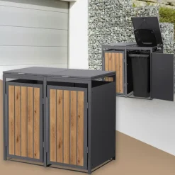 Mülltonnenbox 2er bis 240 Liter 132x80x120 cm aus Stahl in Anthrazit-Holzoptik ML-Design