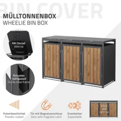 Mülltonnenbox 3er bis 240 Liter 196x80x120 cm aus Stahl in EAnthrazit-Holzoptik ML-Design