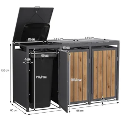 Mülltonnenbox 3er bis 240 Liter 196x80x120 cm aus Stahl in EAnthrazit-Holzoptik ML-Design