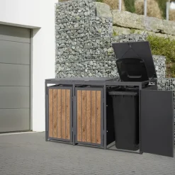 Mülltonnenbox 3er bis 240 Liter 196x80x120 cm aus Stahl in EAnthrazit-Holzoptik ML-Design