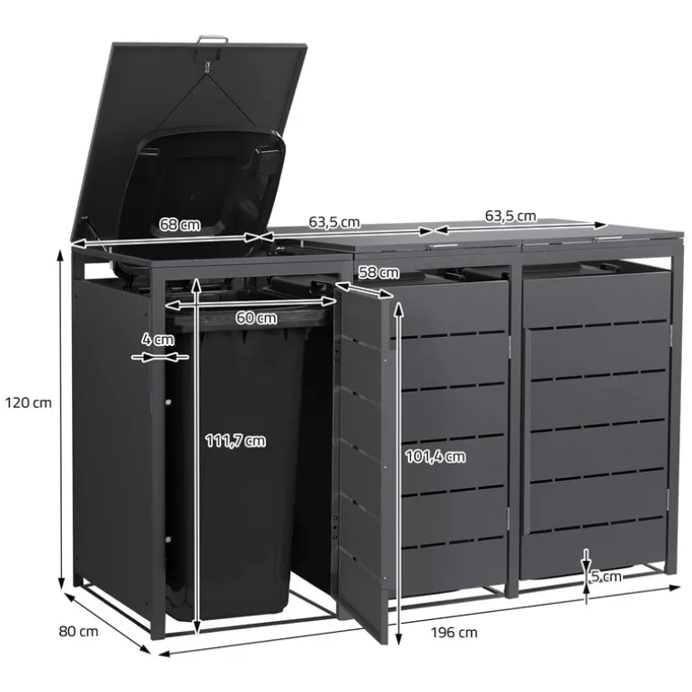 Mülltonnenbox 3er bis 240 Liter 196x80x124 cm aus Stahl in Anthrazit ML-Design