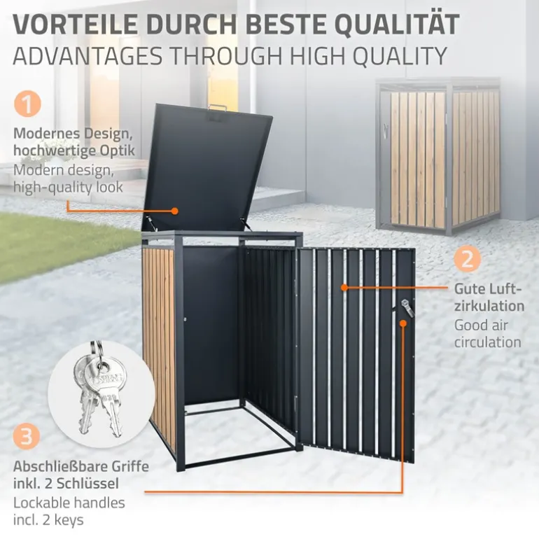 Mülltonnenbox 1er bis 240L 68x80x116,3 cm aus Stahl in Eichenoptik ML-Design