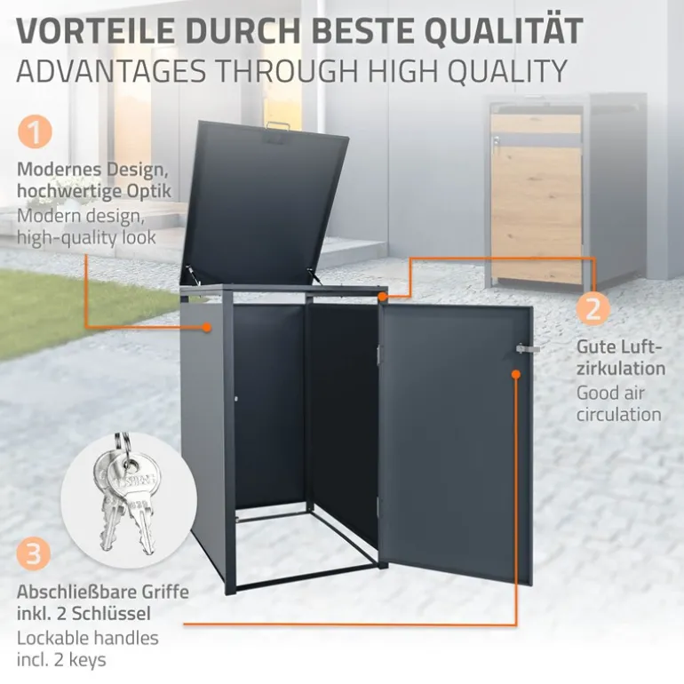Mülltonnenbox 1er bis 240L 68x80x116,3 cm aus Stahl in Eichenoptik ML-Design
