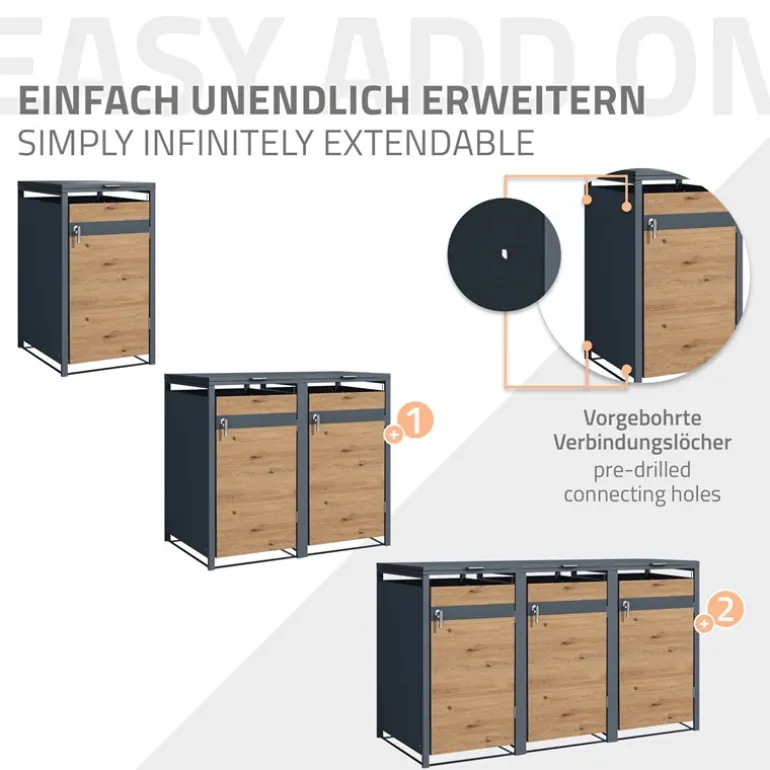 Mülltonnenbox 1er bis 240L 68x80x116,3 cm aus Stahl in Eichenoptik ML-Design