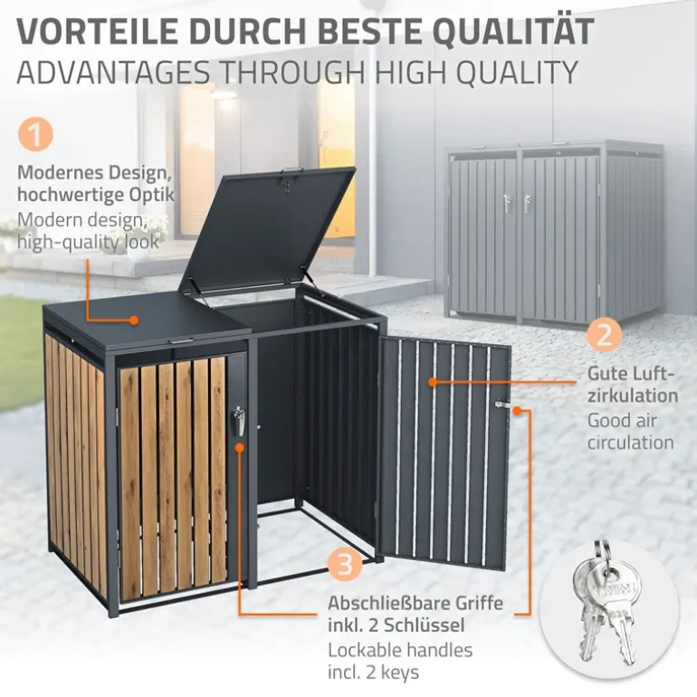 Mülltonnenbox 2er bis 240L 132x80x116,3 cm aus Stahl in Eichenoptik ML-Design