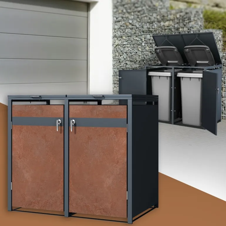 Mülltonnenbox 2er bis 240L 132x80x116,3 cm aus Stahl in Rostoptik ML-Design