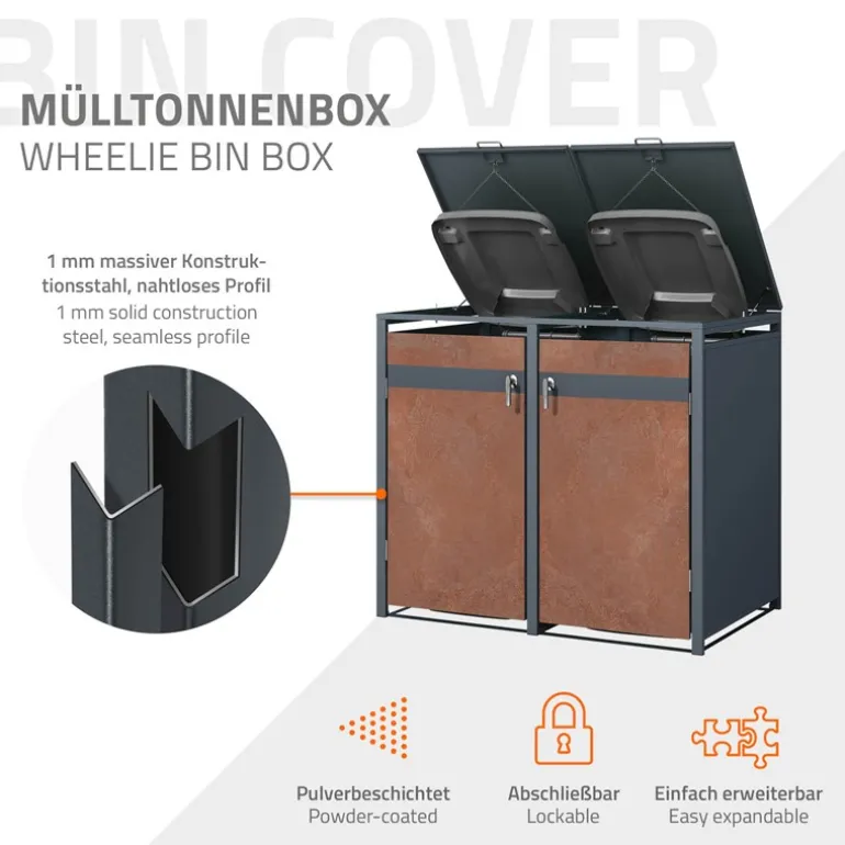 Mülltonnenbox 2er bis 240L 132x80x116,3 cm aus Stahl in Rostoptik ML-Design
