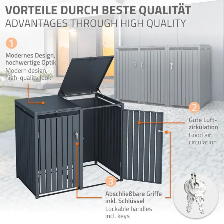 Mülltonnenbox 3er bis 240L 200x80x116,3 cm aus Stahl in Anthrazit ML-Design